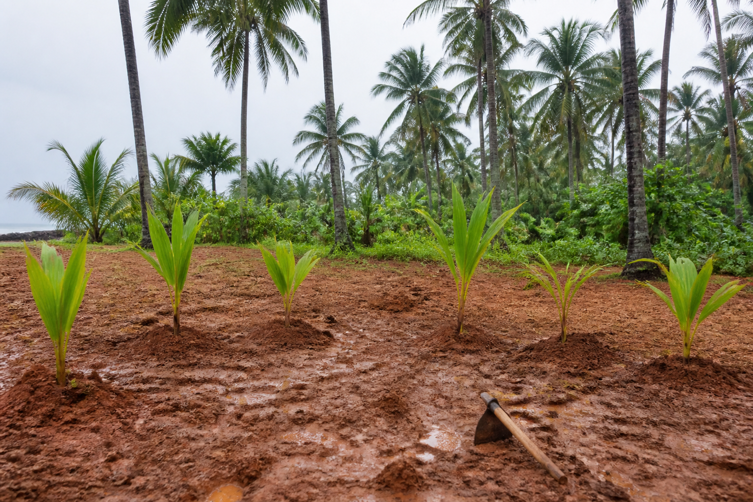 Six young coconut saplings planted in rain-soaked soil