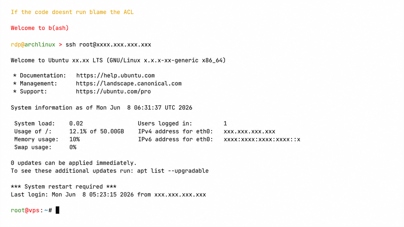 SSH connection to a VPS shown in a terminal